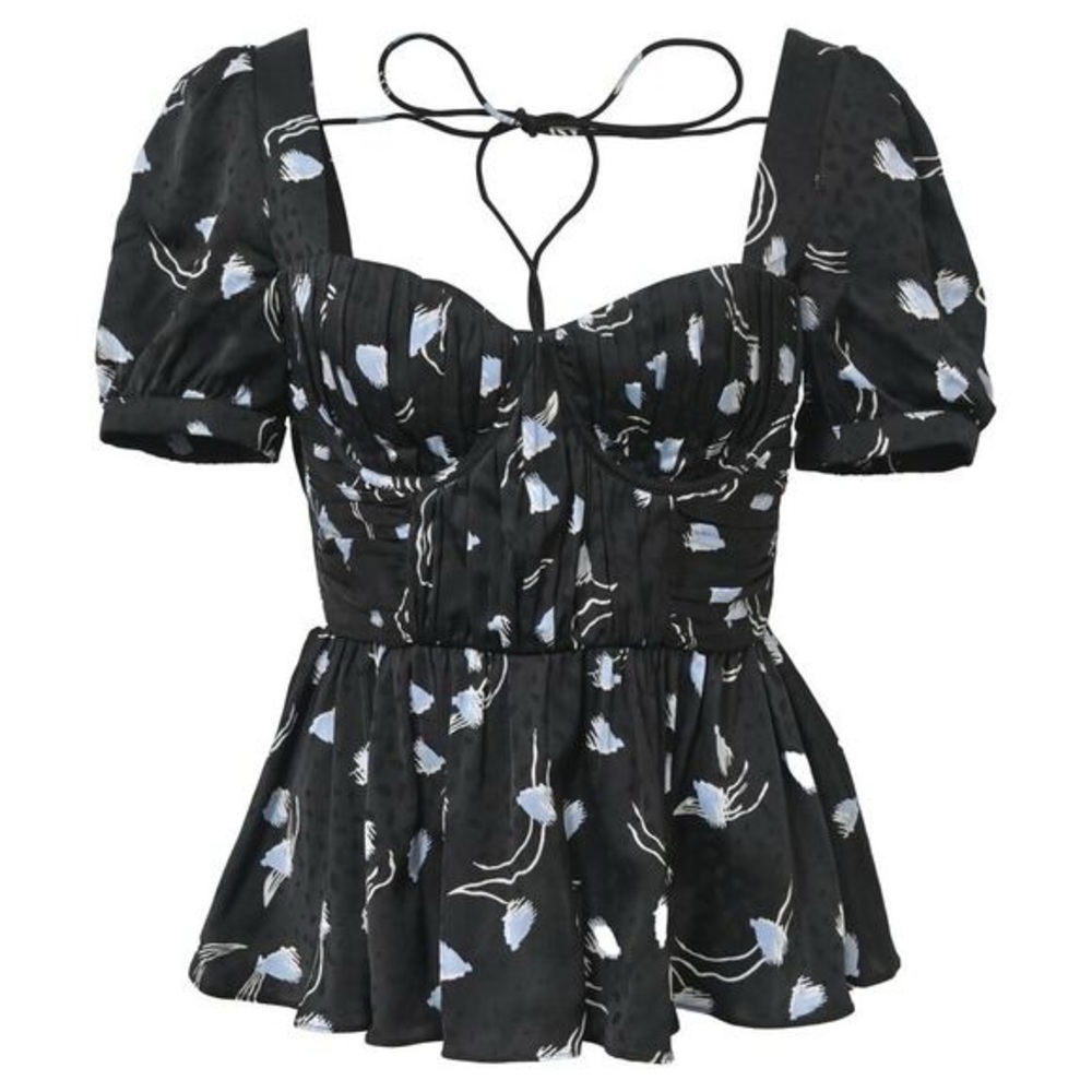 Self Portrait Gathered Puff Sleeve Geometric Print Silky Top Size 2
